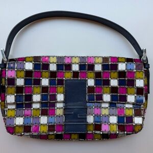 Fendi Baguette Multicolor Mosaic Shoulder Bag with Navy Accent
